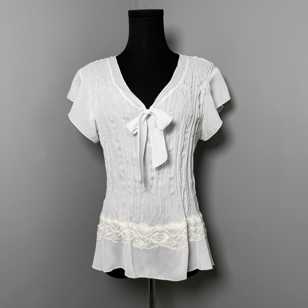Michele Michelle White Crinkle Chiffon Top M Fairycore Y2K Coquette Lace Bow